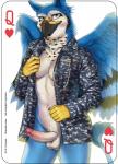 2019 5_fingers abs anthro avian balls beak bird black_beak black_body black_feathers black_fur blue_body blue_feathers blue_fur blue_jay bottomless camo card card_template clothed clothing copyright_symbol corvid digicamo digital_camo digital_camouflage digital_media_(artwork) english_text erection feathered_wings feathers fingers fonyaa forearms fur genitals glans grey_eyes gryphon gynomorph heart_symbol hearts_(suit) humanoid_genitalia humanoid_penis hybrid intersex irene_(purpthegryphon) jay_(bird) looking_at_viewer medical_instrument military mythological_avian mythological_creature mythology navel navy navy_camo new_world_jay non-mammal_balls oscine passerine penis playing_card playing_card_template queen_of_hearts_(card) scaled_forearms scales scientific_instrument shirt simple_background solo standing stethoscope symbol text topwear u.s._navy white_background white_body white_fur wings