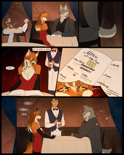 anthro big_breasts black_border border breasts clothing cupid's_arrow dialogue dollar_sign_pupils dress evening_gloves female group heart_symbol male male/female menu money_sign romantic romantic_ambiance smile speech_bubble suit tail tail_motion tailwag text jazzy_johima background_character canid canine canis felid fox human mammal pantherine tiger wolf comic english_text hi_res