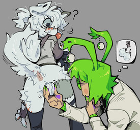 anthro anus backsack ball_grab balls blep blush clothing coat confusion curled_tail duo eyewear femboy fur genitals glasses green_hair grey_background hair holding_balls hoodie humanoid_on_anthro lab_coat legwear looking_pleasured male male/male male_anthro male_humanoid pom_poms ponytail question_mark rear_view simple_background standing stitch_(sewing) tail tail_anus thigh_highs thinking thought_bubble tongue tongue_out topwear wearing_glasses white_body white_fur white_hair btascandalist beef_(btascandalist) animal_humanoid canid canid_humanoid canine canine_humanoid canis dog_humanoid domestic_dog humanoid mammal mammal_humanoid nonbinary_(lore)