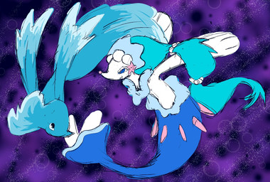 ambiguous_gender blue_body blue_hair blue_sclera blue_skin duo female feral fin hair long_hair looking_at_another mermaid_tail pink_nose purple_background simple_background starfish_(accessory) water white_body white_skin herobrenn deltarune nintendo pokemon undertale_(series) miss_mizzle aquatic asterozoan darkner echinoderm elemental_creature generation_7_pokemon mizzle_(deltarune) pokemon_(species) primarina starfish water_creature