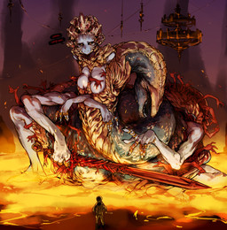 big_breasts black_sclera breasts crossgender duo extreme_size_difference female grey_body grey_skin hands_on_own_breasts holding_melee_weapon holding_object holding_sword holding_weapon humanoid_face lava macro melee_weapon multi_arm multi_limb pseudo_hair ring scales size_difference speech_bubble sword text unusual_anatomy weapon doppel elden_ring fromsoftware rykard_(elden_ring) tarnished_(elden_ring) eldritch_abomination human humanoid mammal monster reptile scalie snake english_text hi_res