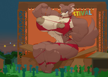 anthro areola audience big_breasts big_muscles body_size_growth breasts clothing crowd destruction female group huge_breasts implied_growth lidded_eyes macro muscular muscular_female nipples presenting sitting size_transformation smile solo_focus stage torn_clothing transformation commoddity beastars juno_(beastars) canid canine canis mammal wolf 2020 absurd_res hi_res