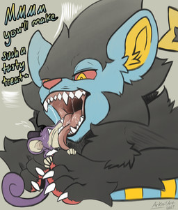 blush bodily_fluids claws duo extreme_size_difference fangs imminent_vore licking mouth_shot open_mouth oral_vore saliva saliva_on_tongue saliva_string size_difference teasing teasing_partner teasing_with_mouth teeth tongue vore arkailart nintendo pokemon generation_1_pokemon generation_4_pokemon luxray pokemon_(species) rattata absurd_res hi_res