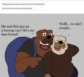 anthro big_butt black_bottomwear black_clothing black_eyes black_nose black_pants black_shirt black_t-shirt black_topwear blue_clothing blue_overalls blush blush_lines bodily_fluids bottomwear brown_body brown_clothing brown_ears brown_fur brown_shirt brown_t-shirt brown_topwear butt clothed clothing duo exclamation_point flustered front_view fur gesture green_eyes hand_behind_head hand_behind_own_head hand_gesture happy huge_butt male moobs multicolored_body multicolored_fur obese obese_anthro obese_male overalls overweight overweight_anthro overweight_male pants pointing pointing_at_another q&a shirt smile standing sweat t-shirt teeth text thick_thighs tongue topwear two_tone_body two_tone_fur colossalstars bendro_(colossalstars) billy_(colossalstars) bulldog canid canine canis domestic_dog mammal mastiff molosser pug small_molosser toy_dog 2025 digital_media_(artwork) english_text hi_res