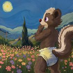 anthro brown_body brown_fur clothed clothing complex_shading detailed_background diaper diaper_only flower fur garden grassland hand_on_mouth head_tuft lakeside male multicolored_body multicolored_fur painting pantsless plant purple_eyes solo topless tuft two_tone_body two_tone_fur van_gogh wearing_diaper young hammymushpants mammal mephitid skunk