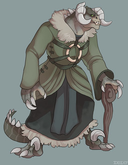 anthro clothed clothing feet horn male simple_background solo staff standing talons teeth toes dizzy_by_design fallout microsoft deathclaw scalie