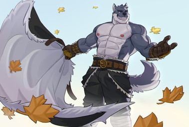 abs ankle_wraps anthro belt black_bottomwear black_clothing black_pants blue_body blue_fur bottomwear cape clothed clothing fur gloves handwear leaf male multicolored_body multicolored_fur muscular muscular_anthro muscular_male nipples pants solo topless white_body white_fur wind wrist_guards imato grey_(ryanmcbear) canid canine canis mammal wolf 2023 absurd_res hi_res
