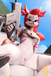 anthro boots bottomless breasts clothed clothing crop_top female footwear gun hair legwear pink_eyes pink_hair ranged_weapon shirt shoes solo spread_legs spreading thigh_boots thigh_highs topwear under_boob weapon undead_h34d blender_cycles epic_games fortnite kimiko_five-tails canid canine fox mammal 2:3 3d_(artwork) absurd_res digital_media_(artwork) hi_res