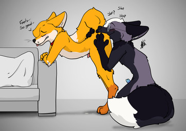 anal anal_masturbation animal_genitalia animal_penis anthro barely_visible_genitalia barely_visible_penis biped black_body black_fur black_nose blue_penis blue_tongue blush bodily_fluids body_blush border canine_genitalia canine_penis collar countershade_face countershade_torso countershading dipstick_tail dripping duo erection eyes_closed eyewear fur furniture genital_fluids genital_markings genitals gesture glasses hair hand_gesture kneeling looking_pleasured male male_anthro markings masturbation multicolored_body on_sofa open_mouth oral orange_body penis penis_tip pink_border precum precum_drip precum_on_ground raised_tail red_penis rimming rimming_male round_glasses sex sheath shy simple_background smile sofa solo sound_effects speech_bubble tail tail_anus tail_grab tail_markings tail_on_ground tan_body tan_fur teasing text tongue tongue_out whiskers white_hair white_tail_tip raposanaranja chris_(raposanaranja) emery_(emeryfoxx) canid canine canis fox mammal marble_fox red_fox true_fox absurd_res hi_res