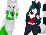 anthro bottomwear breasts cleavage clothed clothing corset duo female gesture hand_on_hip lingerie looking_at_viewer one_eye_closed open_mouth ribbons shynryu simple_background skirt smile thick_thighs topwear waving white_background wink neronova nera_abey canid canine canis mammal procyonid raccoon wolf 2016