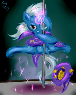 blue_body blue_fur cape clothing coin dancing female feral floating fur glowing gold_(metal) gold_coin hair hat headgear headwear horn magic money pole pole_dancing purple_eyes solo stripper stripper_pole teats undressing wizard_hat frist44 friendship_is_magic hasbro my_little_pony mythology trixie_(mlp) equid equine mammal mythological_creature mythological_equine unicorn 2014 4:5 digital_media_(artwork)