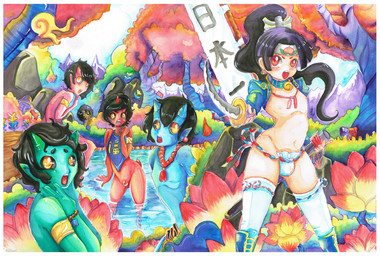 1_horn 2_horns balls bell bell_collar black_hair black_sclera blue_body blue_skin bulge caught_in_the_act collar femboy flower forest genitals green_body green_skin group hair holding_object holding_weapon horn humanoid_pointy_ears lake male melee_weapon navel nipples nude open_mouth penis pink_body pink_skin plant pointy_ears ponytail red_body red_skin rock scut_tail shocked short_tail shrub small_balls small_penis sword tail tree water weapon white_body white_skin yellow_eyes tanuki-mapache asian_mythology east_asian_mythology japanese_mythology momotarou_(folklore) mythology demon human humanoid mammal oni yokai 2014 traditional_media_(artwork)