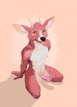 animal_genitalia animal_penis anthro big_ears chest_tuft equine_genitalia equine_penis erection genitals horn looking_at_viewer male nude pecs penis pink_body red_eyes simple_background sitting smile solo spots spotted_legs spotted_shoulders spotted_thighs tuft paran0ya deer mammal absurd_res digital_media_(artwork) digital_painting_(artwork) hi_res painting_(artwork)