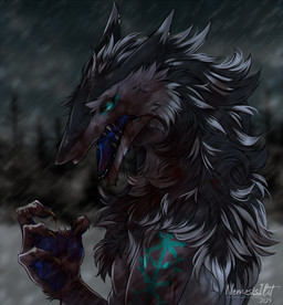 angry anthro blood blood_drip bodily_fluids claws dripping ear_piercing ear_ring fluffy_mane forked_tongue looking_at_viewer male open_mouth piercing ring_piercing saliva snow snowing solo tongue winter nemesisilit zanus_(zanussergal) sergal hi_res