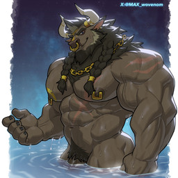 2_horns abdominal_scar abs anthro barazoku biceps blue_eyes braided_hair brown_body brown_fur brown_hair chain chain_necklace chest_scar deltoids ear_piercing ear_ring fur genitals gold_(metal) gold_chain gold_jewelry gold_necklace hair horn horn_jewelry horn_ring jewelry looking_at_viewer male muscular muscular_anthro muscular_male necklace nipple_piercing nipple_ring nipples nude partially_submerged pecs penis penis_base piercing pubes ring_(jewelry) ring_piercing scar shoulder_scar solo standing_in_water water x_scar max_wovenom blizzard_entertainment warcraft paladin_(wildigu) bovid bovine mammal tauren 1:1 2026 hi_res