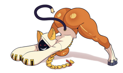 >_< accessory animal_ears ass_up bent_over big_butt blonde_hair bottomless bow_ribbon braided_hair braided_pigtails breasts butt cat_stretch clothed clothing dipstick_tail eyes_closed female hair hair_accessory hoodie long_sleeves markings open_clothing open_topwear red_eyes shadow_face smile solo spread_legs spreading tail tail_markings tan_body tan_skin thick_thighs toothy_grin topwear wide_hips kiskjeez arc_system_works blazblue taokaka animal_humanoid cat_humanoid felid felid_humanoid feline feline_humanoid humanoid kaka_(blazblue) mammal mammal_humanoid absurd_res hi_res