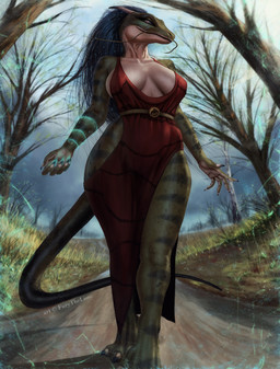 anthro breasts claws clothing dress female grass hair hollow_hip_dress inner_boob inner_sideboob magic plant solo tail tree whiskers furythelisso scalie hi_res