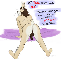 anthro anus backsack balls bed bodily_fluids brown_hair butt dialogue dripping ear_piercing eyebrows feet flaccid flesh_tunnel foreskin fur furniture gauged_ear genital_fluids genitals glans green_eyes hair leaning_over looking_back male nude nude_anthro nude_male on_bed partially_retracted_foreskin penis piercing precum precum_drip presenting presenting_hindquarters profanity raised_tail scut_tail short_tail simple_background solo spread_legs spreading standing tail talking_to_viewer tan_body tan_fur text whisker_spots white_background p_rindustries wynn_(p_rindustries) lagomorph leporid mammal rabbit 1:1 2022 english_text hi_res signature