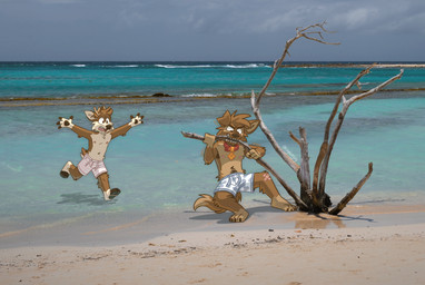 aggressive angry anthro antlers arms_outstretched beach bite blue_clothing blue_swim_trunks blue_swimwear blue_water brown_body brown_fur brown_hair brown_nose brown_pawpads claws clothing collar duo frantic fur grey_sky hair holding_object hooves horn male navel nipples open_mouth outside pawpads pink_clothing pink_swim_trunks pink_swimwear running sand sharp_teeth sky striped_swim_trunks swimming_trunks swimwear swimwear_only tan_body tan_fur teeth teeth_showing tongue_showing white_clothing white_swimwear tinydeerguy darwin_(tinydeerguy) matt_riskely canid canine canis deer domestic_dog mammal hi_res