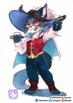 anthro biped boots bottomwear cape chibi clothed clothing footwear fully_clothed fur gun handgun hat headgear headwear holding_object holding_weapon male melee_weapon neck_tuft pants paws ranged_weapon shoes simple_background smile sword tuft weapon white_background murazaki felid feline mammal hi_res painting_(artwork) traditional_media_(artwork) traditional_painting_(artwork) traditional_watercolor_(artwork) watercolor_(artwork)