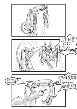 angry anthro bodily_fluids bottomwear clothing clothing_pull coat dialogue duo female jacket lifting_another lifting_partner male muffler pants scar scarf sweat text topwear yelling yelling_at_another dragonweirdo beastars haru_(beastars) legoshi_(beastars) canid canine canis lagomorph leporid mammal rabbit wolf absurd_res comic english_text hi_res monochrome