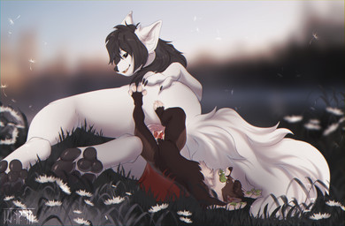 animal_genitalia animal_penis animal_vulva anthro anthro_on_anthro anthro_penetrated anthro_penetrating anthro_penetrating_anthro black_hair black_nose bodily_fluids brown_body brown_fur canine_genitalia canine_penis canine_vulva cheek_tuft cum cum_in_vagina cum_inside facial_tuft female female_penetrated flower fluffy fluffy_tail fur fur_markings genital_fluids genitals grass green_eyes green_pawpads hair head_on_hand knot knot_hanging knotted_penis knotting larger_female long_hair looking_at_viewer looking_pleasured male male/female male_penetrating male_penetrating_female markings neck_tuft pawpads paws penetration penile penile_penetration penis plant sex size_difference smaller_male smile tail tuft vaginal vaginal_knotting vaginal_penetration vulva white_body white_fur shyryp arbuz canid canine fox mammal absurd_res digital_media_(artwork) hi_res portrait