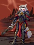 adepta_sororitas anthro armor boob_armor bracelet chainsword clothed clothing detailed_background ear_piercing ear_ring female fully_clothed fur gloves gold_(metal) gold_jewelry hair handwear holding_object holding_weapon jewelry machine makeup open_mouth piercing power_armor red_eyes ring_piercing solo standing tongue tongue_out weapon white_body white_fur white_hair amber_wind warhammer_(franchise) warhammer_40000 sister_of_battle canid canine canis mammal wolf 2021 3:4 digital_media_(artwork) full-length_portrait hi_res portrait