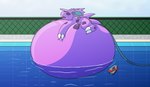 aroused belly belly_expansion big_belly black_sclera blush blush_lines ear_piercing ear_ring expansion gate glistening glistening_belly hose hose_in_butt hose_inflation huge_belly hyper hyper_belly inflation logo looking_pleasured piercing purple_body purple_eyes ring_piercing swimming_pool text water bloatable nintendo pokemon spike_(bloatable) generation_1_pokemon nidoran nidoran♂ pokemon_(species) 2025 artist_logo artist_name dated hi_res