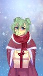 anthro blue_eyes blush bow_ribbon christmas_clothing clothed clothing eyelashes fur_trim_(clothing) gift green_hair hair hair_bun holidays humanoid_hands looking_at_viewer presenting_gift robe scales scarf shawl simple_background slight_smile snow solo yellow_body yellow_scales yuliia cavemanon_studios christmas goodbye_volcano_high snoot_game stella_(gvh_beta) dinosaur ornithischian prehistoric_species reptile scalie stegosaurian stegosaurus thyreophoran hi_res