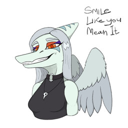 amber_eyes anthro biped black_clothing black_topwear blue_body bone bone_frill breasts choker clothed clothed_anthro clothed_female clothing dialogue eyelashes feathered_wings feathers female female_anthro frill_(anatomy) grey_body grey_feathers grey_hair hair half-closed_eyes jewelry long_eyelashes long_hair looking_at_viewer markings medium_breasts narrowed_eyes necklace non-mammal_breasts o-ring simple_background skull smile solo striped_markings stripes talking_to_viewer teeth text topwear white_background wings lorikani goodbye_volcano_high ko_op_(game_developer) fang_(gvh) prehistoric_species pterosaur reptile scalie 1:1 2025 colored digital_media_(artwork) english_text half-length_portrait hi_res portrait