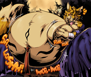 anthro belly belly_rub big_belly bottle claws clothed clothing container drunk fangs fur hair holding_bottle holding_container holding_object low-angle_view male navel navel_piercing obese obese_anthro obese_male one_eye_closed overweight overweight_anthro overweight_male piercing smile solo sound_effects substance_intoxication tail teeth text tongue tongue_out whiskers awoogasm kobito canid canine fox mammal 2026 hi_res signature