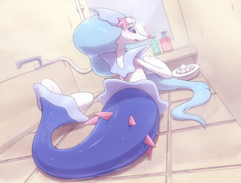 3_fingers ambiguous_gender bathroom bathtub blue_eyes blue_hair blush eyelashes feral fingers flippers gem hair inside long_hair mermaid_tail mirror multicolored_body multicolored_skin open_mouth pearl_(gem) pink_nose solo star starfish_(accessory) tile wet kajinchu nintendo pokemon aquatic asterozoan echinoderm generation_7_pokemon mammal pinniped pokemon_(species) primarina starfish
