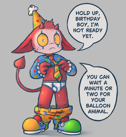 anthro bodypaint bottomwear bottomwear_down briefs bulge clothed clothing clown clown_shoes dialogue face_paint freckled_face freckles grey_background hat head_tuft headgear headwear imp_tail male necktie pants pants_down partially_clothed party_hat putting_on_clothes shirt_up simple_background solo speech_bubble tail text tuft underwear young young_anthro young_male badipoki imp absurd_res english_text hi_res