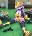 anthro big_breasts boots bottomwear breasts cleavage clothed clothing female footwear grass gun hat headgear headwear legwear plant plantigrade purple_body ranged_weapon science_fiction shoes shorts sitting smile solo spread_legs spreading thigh_highs weapon fenrox archie_comics sega sonic_the_hedgehog_(archie) sonic_the_hedgehog_(comics) sonic_the_hedgehog_(series) nicolette_the_weasel mammal mustelid musteline true_musteline weasel 2022 hi_res