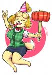 anthro big_breasts birthday bottomwear breasts clothed clothing eyes_closed female fur hair jumping monotone_bottomwear monotone_clothing monotone_skirt pencil_skirt skirt smile solo thick_thighs wide_hips sin_bruh animal_crossing nintendo super_smash_bros. super_smash_bros._ultimate isabelle_(animal_crossing) canid canine canis domestic_dog mammal shih_tzu toy_dog 2018 digital_media_(artwork) hi_res watermark