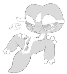 3_fingers 3_toes anus blush blush_lines clitoris eyelashes feet female feral fingers genitals long_tail looking_at_viewer open_mouth open_smile simple_background smile spread_legs spreading tail tail_anus text thick_tail toes tongue vulva white_background pokopokarea nintendo pokemon pokemon_winds_and_waves gecqua generation_10_pokemon pokemon_(species) 2026 artist_name monochrome signature watermark