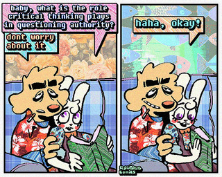 2_panel_comic aloha_shirt anthro book bow_tie cheek_spots cigarette cigarette_in_mouth clothing dialogue duo floppy_ears half-closed_eyes humor male narrowed_eyes object_in_mouth open_mouth open_smile overalls pattern_clothing pattern_shirt pattern_topwear shirt smile smirk smoking_tobacco smug smug_face smug_grin speech_bubble teeth text tooth_gap topwear wide_eyed rawdawgcomics bingus_(rawdawgcomics) stahli_(rawdawgcomics) bird_dog canid canine canis domestic_dog golden_retriever hunting_dog lagomorph leporid mammal rabbit retriever 5:4 comic english_text