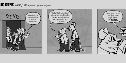 anthro biped bottomwear clothing dialogue duo eyes_closed group male necktie overweight overweight_male pants shirt smile standing text topwear walking barnem mammal murid murine rat rodent 2025 comic english_text hi_res monochrome
