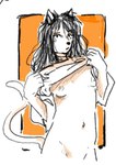 andromorph anthro blush breasts clothing female fur genitals hair intersex long_hair nipples nude shy simple_background small_breasts solo tail golfs felid feline humanoid mammal sketch
