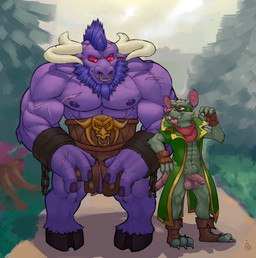 abs anthro balls beard belt biceps blue_hair body_hair bottomless buckteeth chain claws clothed clothing cloven_hooves deltoids duo erection eye_contact eyewear facial_hair facial_piercing feet fingerless_gloves fingernails footwear foreskin fur genitals gloves goggles green_body green_fur hair half-closed_eyes handwear hooves horn humanoid_genitalia humanoid_penis larger_male looking_at_another looking_up male male/male mohawk muscular muscular_anthro muscular_male nails narrowed_eyes nipples nose_piercing nose_ring open_mouth open_smile pecs penis piercing pink_eyes rat_tail red_sclera ring_piercing scar sharp_teeth shirtless size_difference smaller_male smile speech_bubble standing tail teeth toeless_footwear tongue tongue_out topless topwear vest archiblender league_of_legends riot_games tencent alistar_(lol) twitch_(lol) bovid bovine mammal murid murine rat rodent 2018 absurd_res hi_res