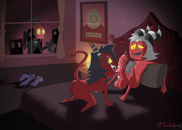 balls bed bedroom big_butt big_penis black_hair bodily_fluids breasts butt camera candle candlelight clothed clothing cum detailed_background duo_focus ejaculation erection fellatio female furniture genital_fluids genitals glistening glistening_body glowing glowing_eyes group hair horn huge_penis inside intraspecies licking light looking_at_another male male/female messy musical_note musical_symbol nipples nude open_mouth oral peeping penile penis penis_lick precum red_body sex smile spade_tail suit sweat symbol tail teeth text tongue tongue_out trio video_camera voyeur white_hair yellow_eyes tooundone hellaverse helluva_boss blitzo_(helluva_boss) millie_(helluva_boss) moxxie_(helluva_boss) demon humanoid imp digital_media_(artwork)