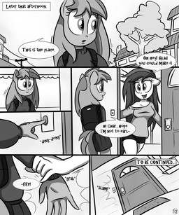 anthro backpack bottomwear breasts clothing dialogue female hair outside plant shorts skirt text tree killryde hasbro lust_from_afar my_little_pony equid equine horse mammal pony 5:6 absurd_res comic english_text greyscale hi_res monochrome