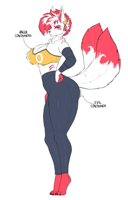 2_tails anthro big_breasts blue_eyes bottomwear breasts clothing crop_top dipstick_tail eyebrows eyelashes feet female fur hair highlights_(coloring) inner_ear_fluff markings multi_tail neck_tuft pants red_highlights shirt solo tail tail_markings text thick_thighs topwear tuft white_body white_fur white_hair spongebandimark evil_container katsumi_(spongebandimark) canid canine fox mammal 2025 absurd_res english_text hi_res meme