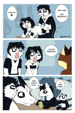 anthro anthro_on_anthro biped black_hair clothed clothing dialogue duo_focus eyes_closed female group hair horn intraspecies male male/female open_mouth open_smile smile speech_bubble text trio catkitte mythology ora_ora_get_pregnant panda_(catkitte) bear dragon equid equine giant_panda horse mammal mythological_creature mythological_scalie pony scalie absurd_res comic english_text hi_res meme