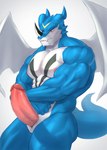 animal_genitalia blue_body blue_skin bodily_fluids countershading facial_horn genital_fluids genital_slit genitals horn male muscular muscular_male nipples nose_horn penis precum red_eyes solo vein veiny_penis white_body white_skin white_wings wings rsotart bandai_namco digimon digimon_(species) exveemon hi_res