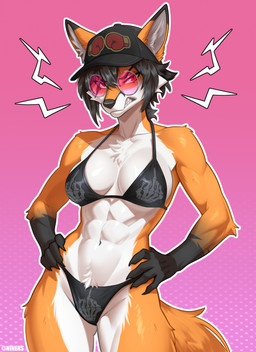 abs angry anthro athletic athletic_anthro athletic_female bikini bikini_bottom bikini_top black_hair black_nose breasts clenched_teeth clothed clothed_anthro clothed_female clothing eyewear female fur gesture glasses glistening glistening_abs glistening_breasts hair hand_gesture hands_on_hips hat headgear headwear medium_breasts middle_finger multicolored_body multicolored_fur navel orange_body orange_fur solo swimwear teeth two-piece_swimsuit two_tone_body two_tone_fur wearing_glasses white_body white_fur niners_(artist) rosaline_(bronx23) canid canine fox mammal hi_res