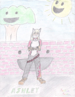 3_toes anthro brick_wall clothed clothed_anthro clothed_female clothing feet female flame_pattern fully_clothed fully_clothed_anthro fully_clothed_female happy looking_at_viewer low_wall outside plant solo standing sun toes tree wall_(structure) wood mrs.arvado_(artist) ashley_(mrs.arvado) elemental_creature felid flora_fauna mammal pantherine tiger grandfathered_content hi_res traditional_media_(artwork)