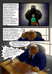 anthro bear bongo_(dad) brown_body brown_fur clothing comic desk dialogue fur furniture hair hi_res kyllo_(son) male mammal spanish_text speech_bubble suit table text translated yasser