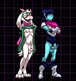 2_horns 3_toes 4_fingers anthro armor ball_size_difference balls barefoot big_balls big_penis black_clothing black_shirt black_topwear blue_body blue_bottomwear blue_clothing blue_glans blue_hair blue_pants blue_penis blue_shirt blue_skin blue_topwear bottomwear bottomwear_down breastplate clothed clothing crossed_arms cute_fangs duo erection eyes_closed eyewear fangs feet fingers floppy_ears frown fur genitals geometric_background glans glasses green_clothing green_eyewear green_glasses green_robe grid_background hair hair_over_eyes horn humanoid_genitalia humanoid_penis male nipples obscured_eyes open_mouth pants pants_down partially_clothed pattern_background penis penis_size_difference pink_glans pink_horn pink_nipples pink_scarf pubes raised_robe robe scarf shirt simple_background smile teeth toes topwear vein veiny_penis white_balls white_body white_fur white_penis bassybefuddle conditional_dnp deltarune undertale_(series) kris_dreemurr ralsei bovid caprine darkner goat human mammal 2021 hi_res