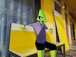 ambiguous_gender angular anthro anthrofied bench bottomwear clothing green_body not_furry photo_background resting_arms shorts sitting solo sweatshirt kirinchibi garn47 drilly_(garn47) absurd_res hi_res photography_(artwork)